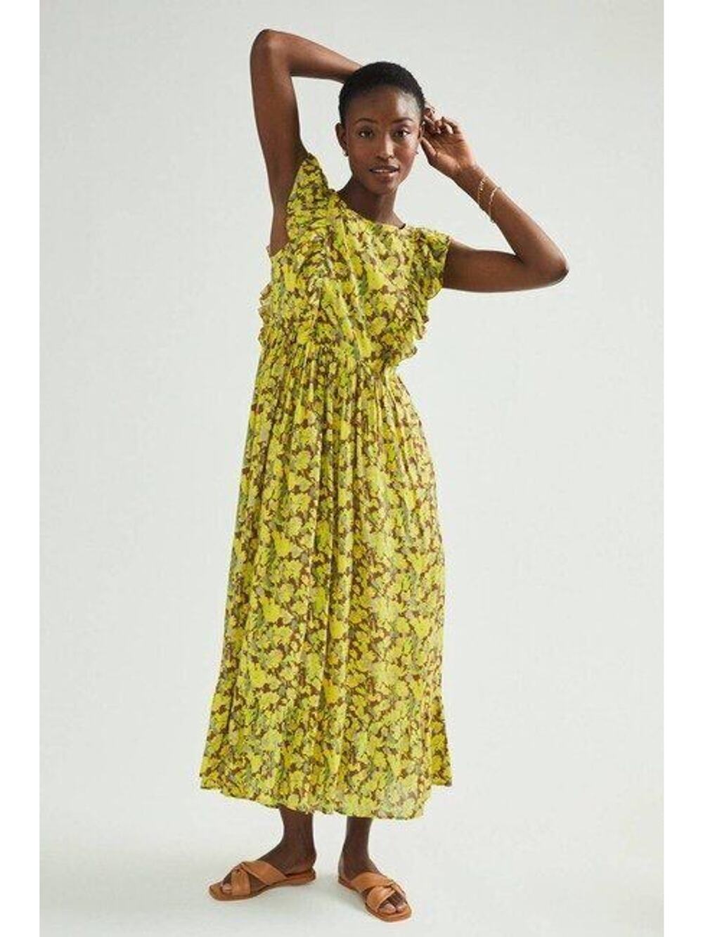 RANNA GILL Anthropologie Sz S Small Yellow Floral Ruffle Lenore Maxi Dress